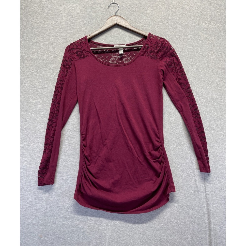 Ambiance Maternity Top Womens Medium Maroon Stretch Lace Detail Ruched Sides